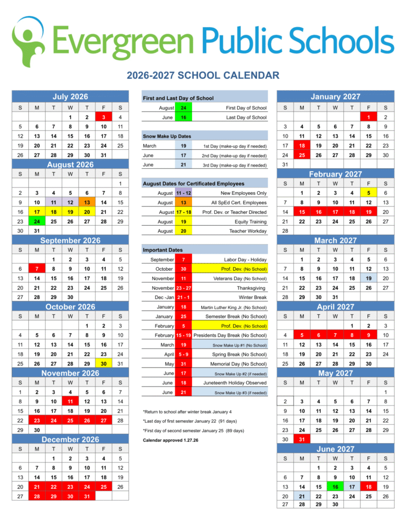 Evergreen School District Calendar 2026-2027 | Printable PDF