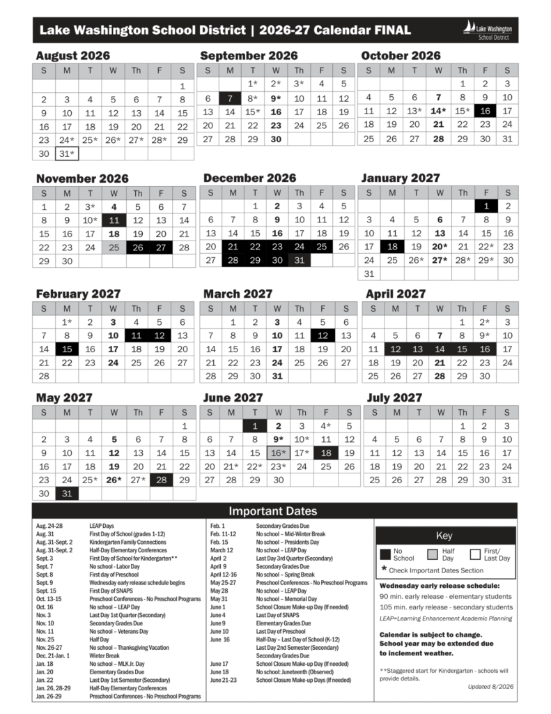 Lake Washington School District Calendar 2026-2027 | Printable PDF
