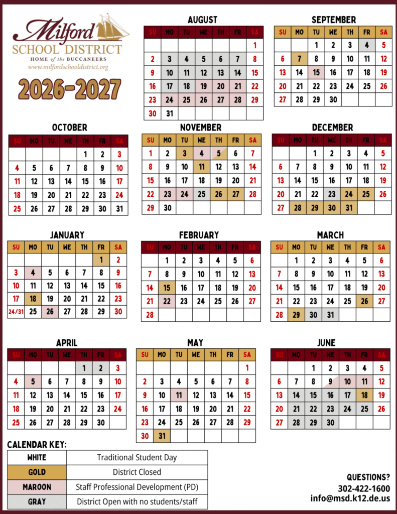 Milford School District Calendar 2026-2027 | Printable PDF