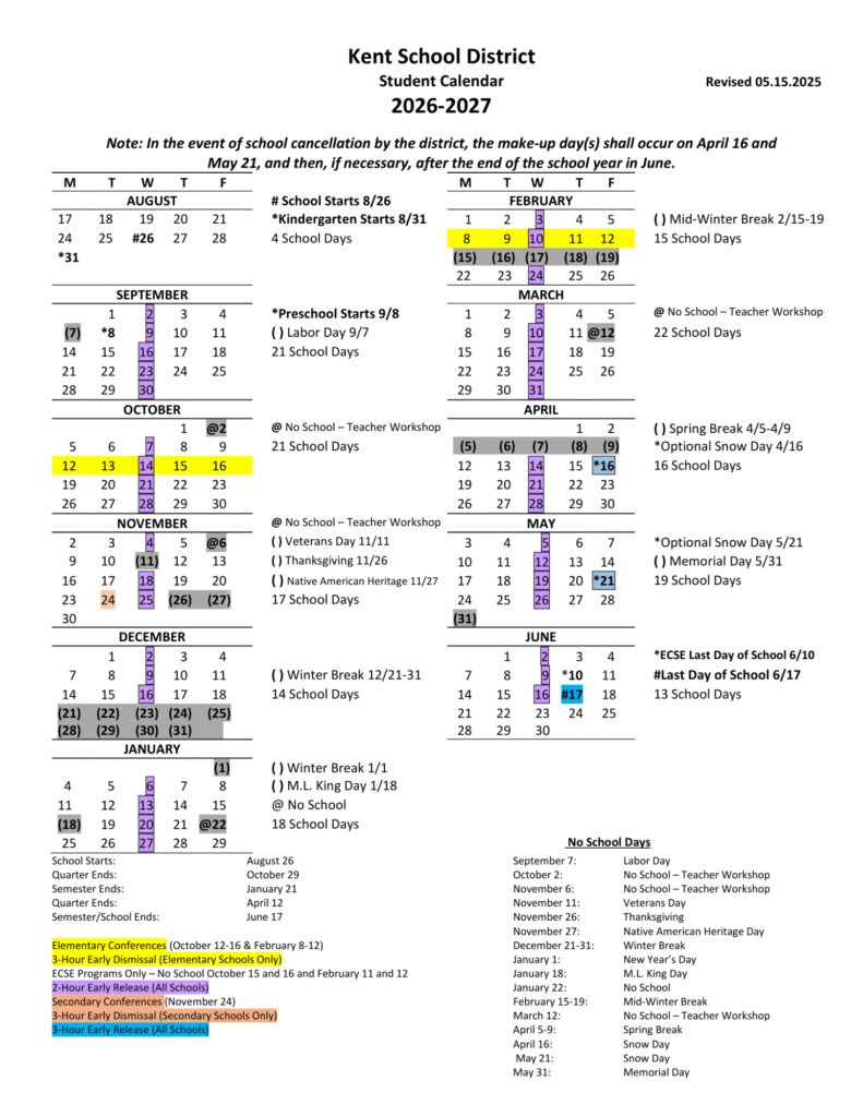 Kent School District Calendar 2026-2027 | Printable PDF