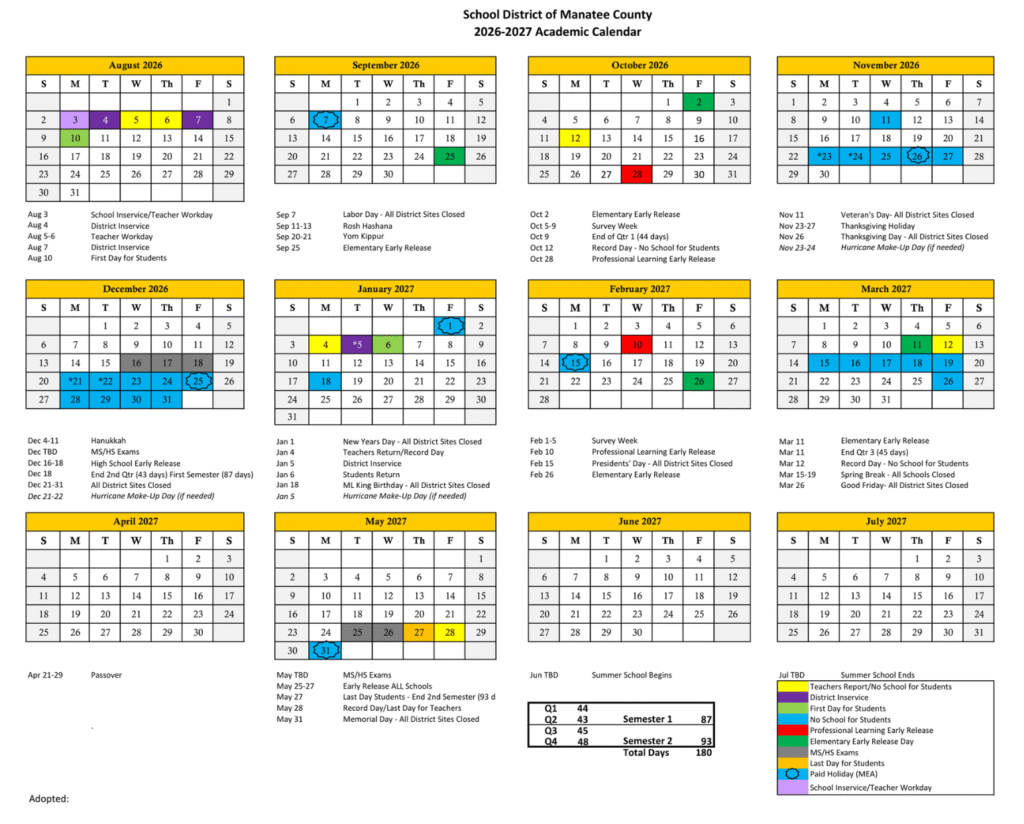 Manatee County Schools Calendar 26-27 | Printable PDF
