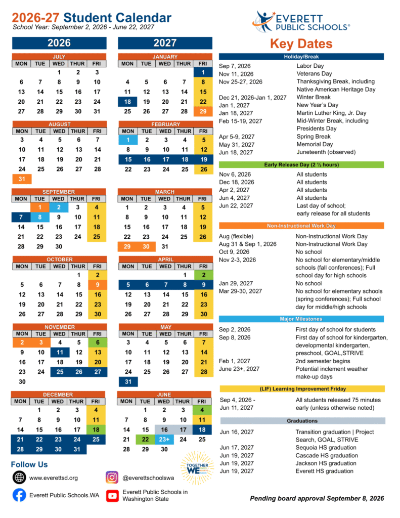 Everett Public Schools Calendar 2026-2027 | Printable PDF