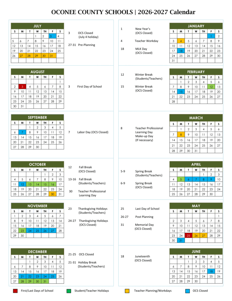 Oconee County Schools Calendar 2026-2027 | Printable PDF