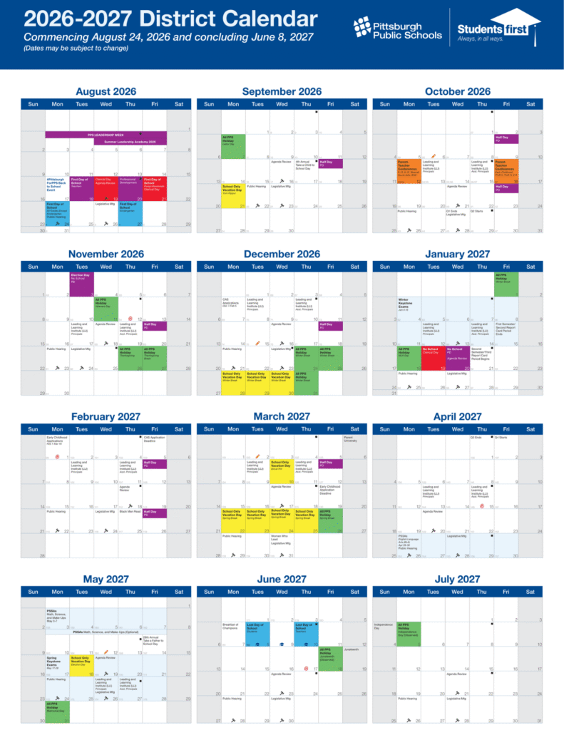 Pittsburgh Public School Calendar 2026-2027 | Printable PDF
