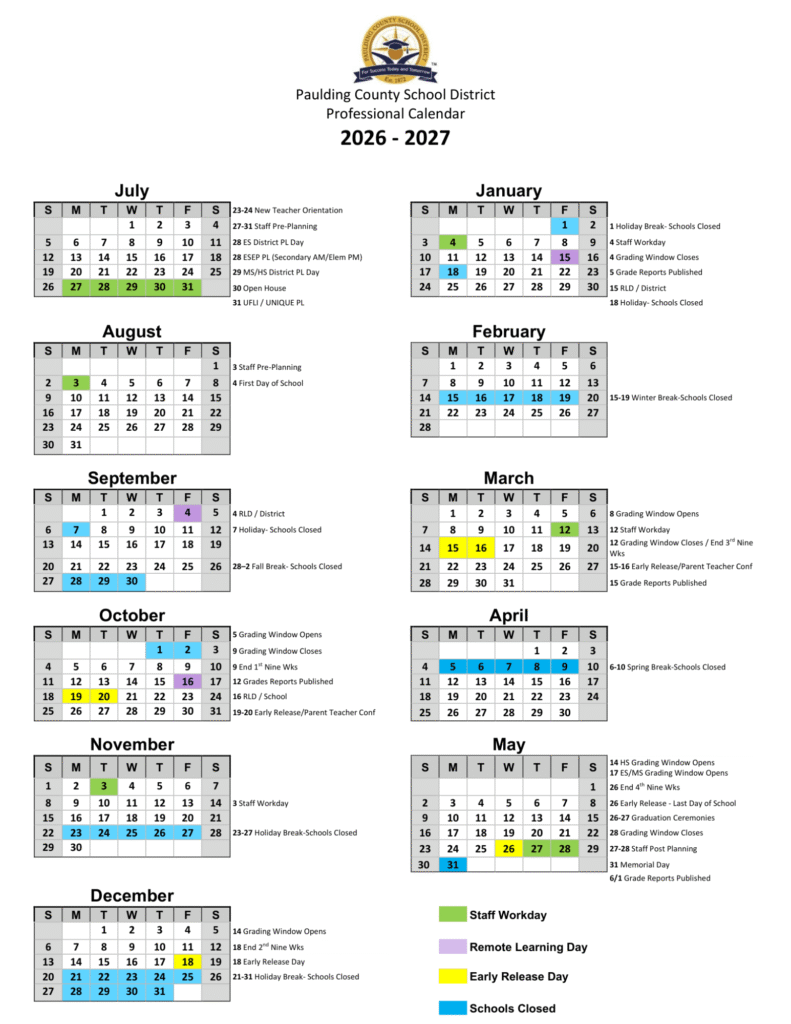 Paulding County School Calendar 2026-2027 | Printable PDF