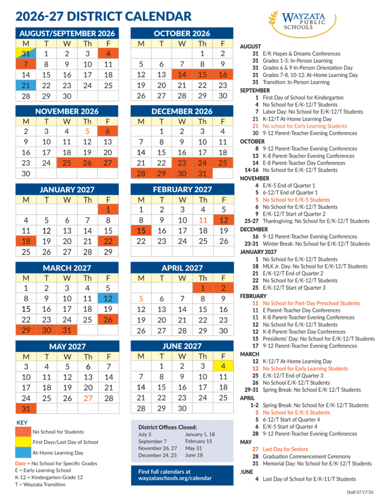 Wayzata School Calendar 2026-2027 | Printable PDF