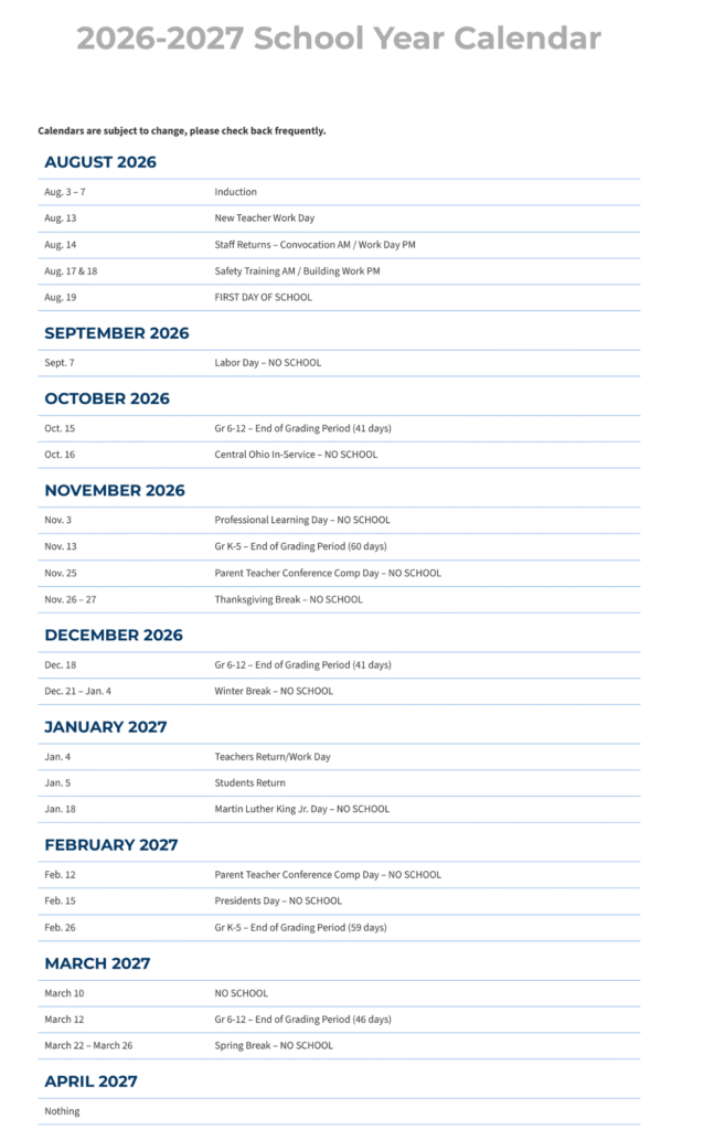 Hilliard City School Calendar 2026-2027 | Printable PDF