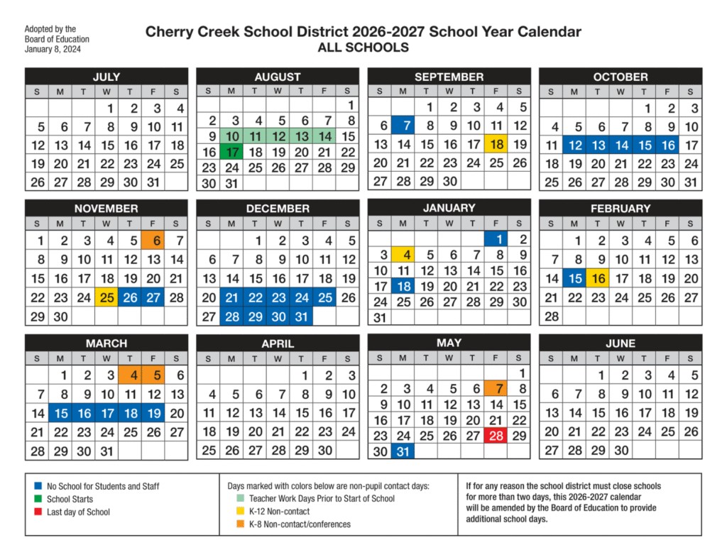 Cherry Creek Schools Calendar 2026-2027 | Printable PDF