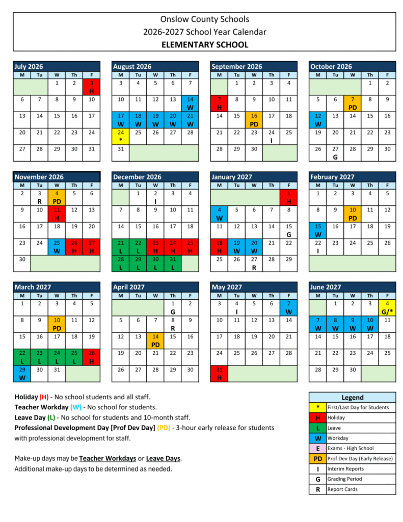 Onslow County Schools Calendar 2026-2027 | Printable PDF