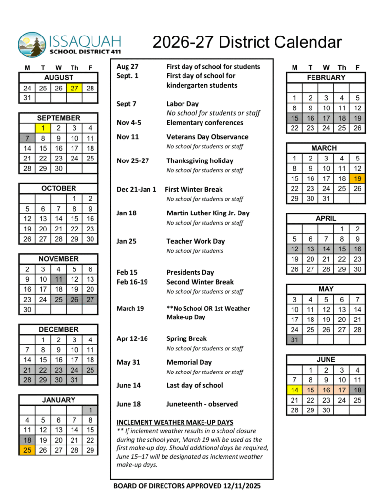 Issaquah School District Calendar 2026-2027 | Printable PDF