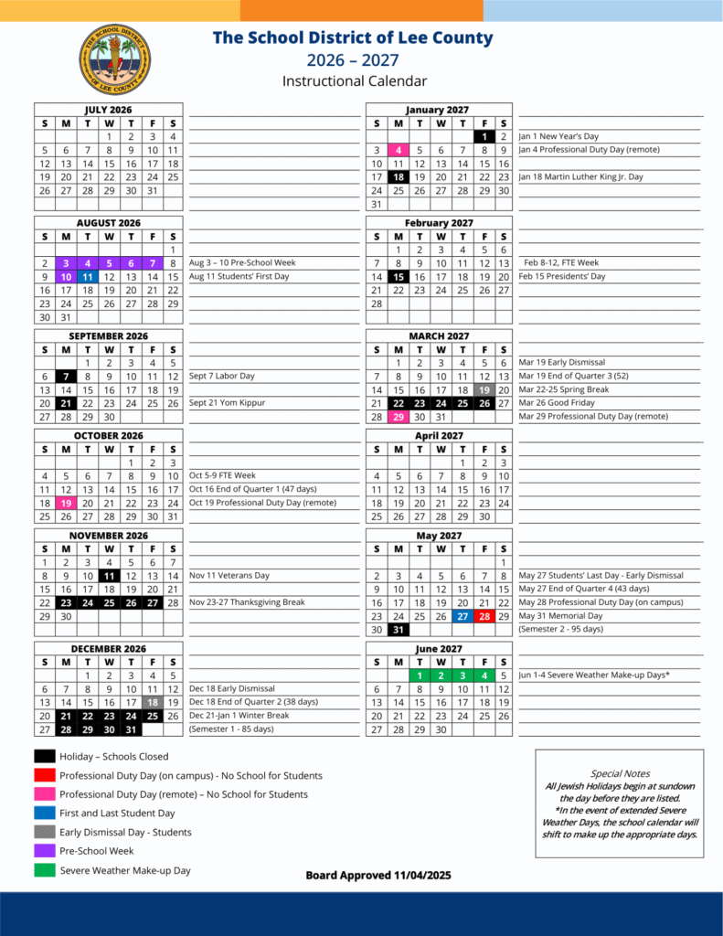 Lee County School Calendar 2026-2027 | Printable PDF