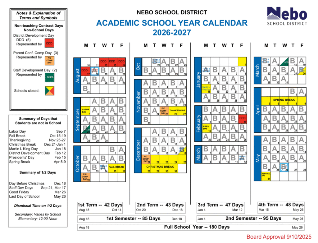 Nebo School District Calendar 2026-27 | Printable PDF