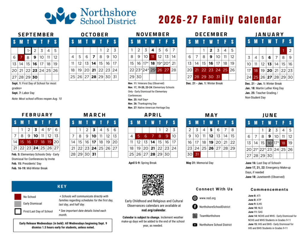 Northshore School District Calendar 2026-2027 | Printable PDF