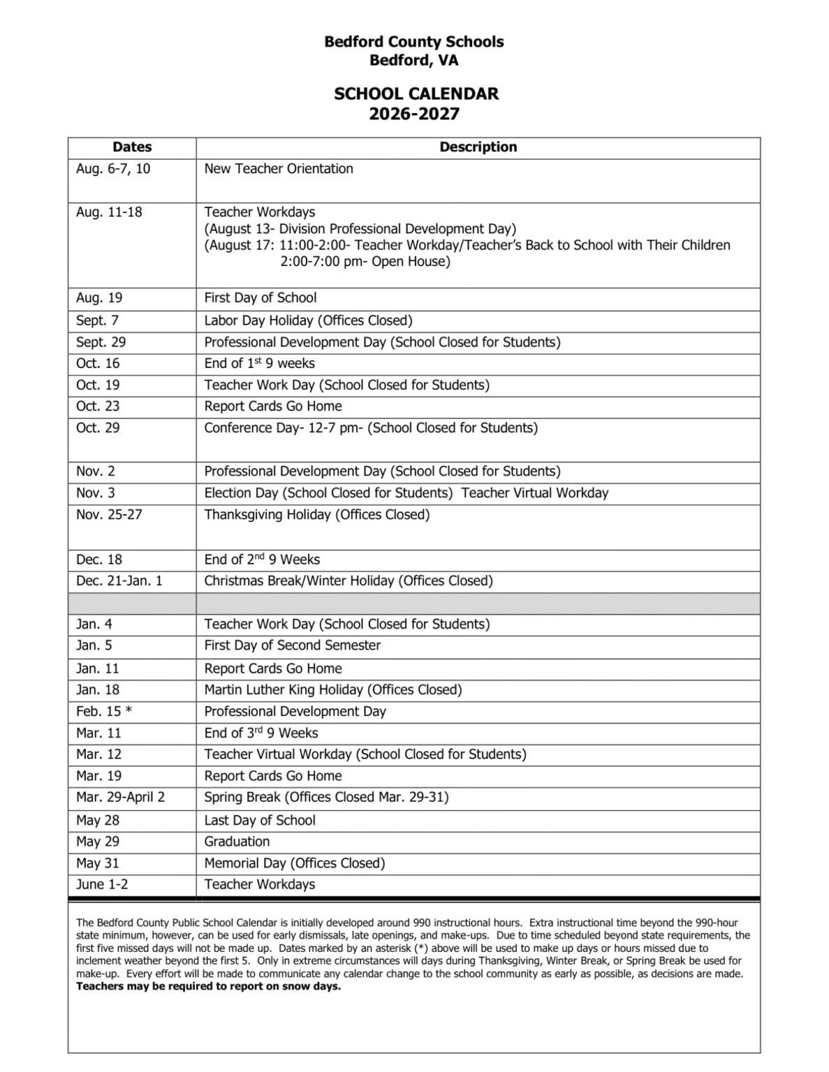 Bedford County Schools Calendar 2026-2027 | Printable PDF