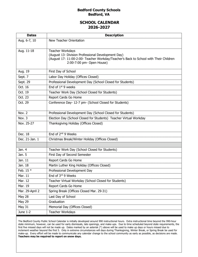 Bedford County Schools Calendar 2026-2027 | Printable PDF