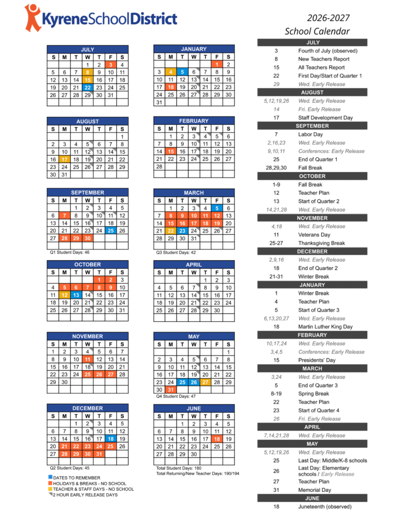 Kyrene School District Calendar 2026-2027 | Printable PDF
