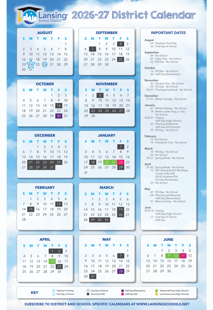 Lansing School District Calendar 2026-2027 | Printable PDF