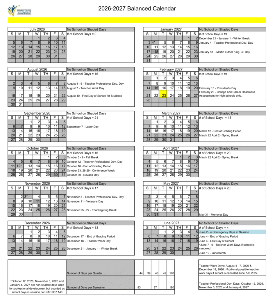 Washoe County School District Calendar 26-27 | Printable PDF