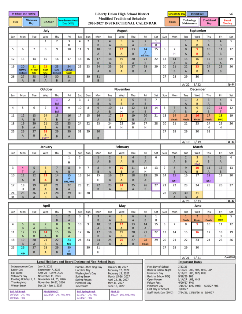 Liberty High School District Calendar 2026-2027 | Printable PDF