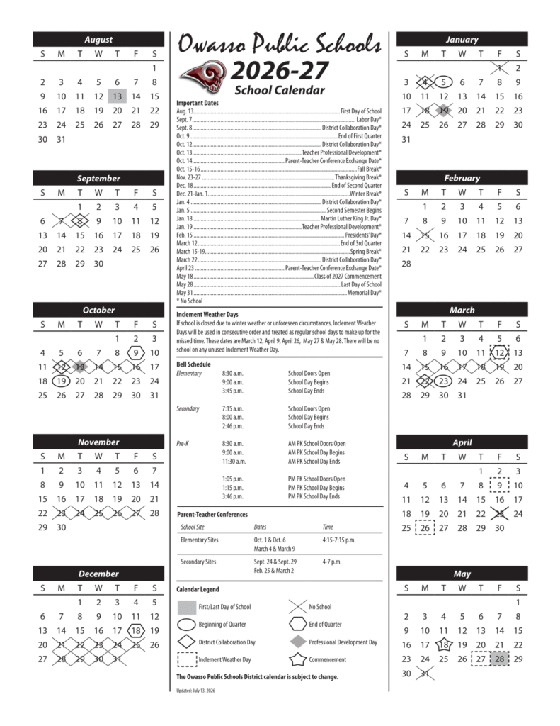 Owasso Public School District Calendar 2026-2027 | Printable PDF