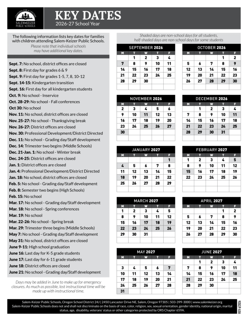 Salem-Keizer School District Calendar 2026-2027 | Printable PDF
