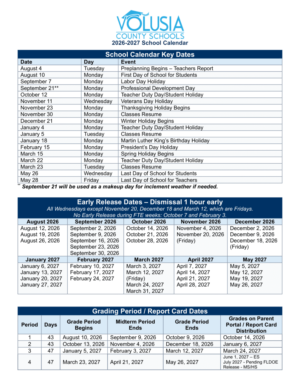 Volusia County Schools Calendar 2026-2027 | Printable PDF