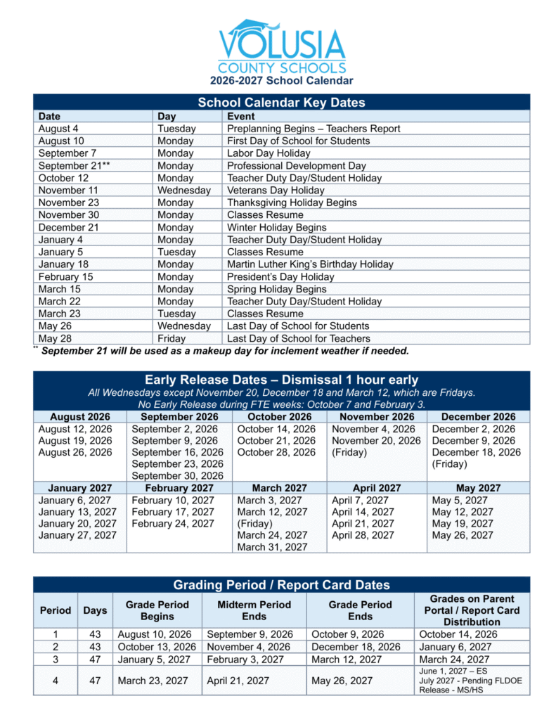 Volusia County Schools Calendar 2026-2027 | Printable PDF