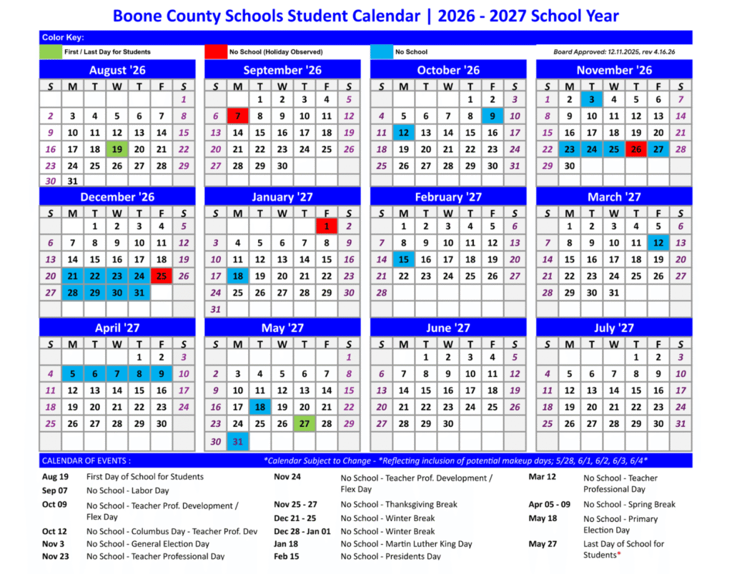 Boone County Schools Calendar 2026-2027 | Printable PDF