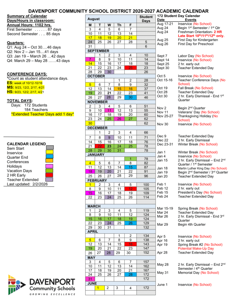 Davenport Schools Calendar 2026-2027 | Printable PDF