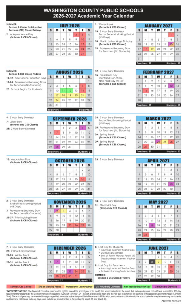 Washington County Public Schools Calendar 2026-2027 | Printable PDF