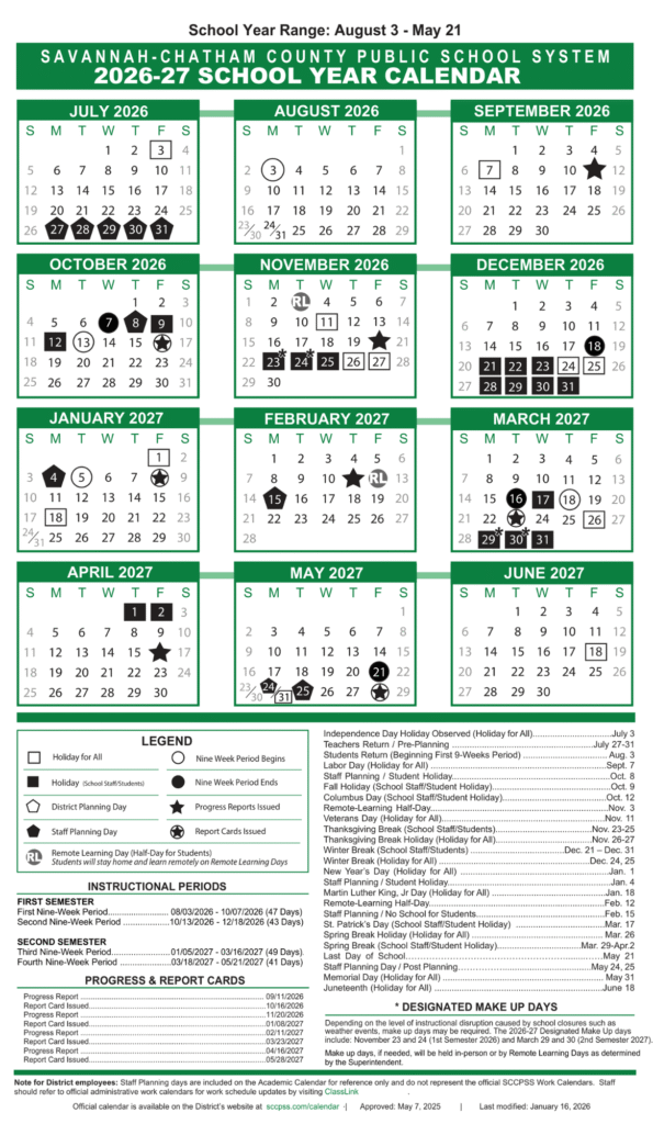Savannah-Chatham County Schools Calendar 2026-2027 | Printable PDF