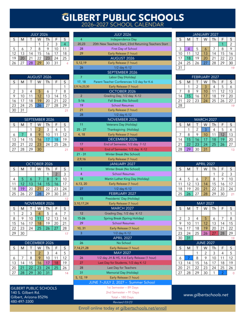 Gilbert Schools Calendar 2026-2027 | Printable PDF