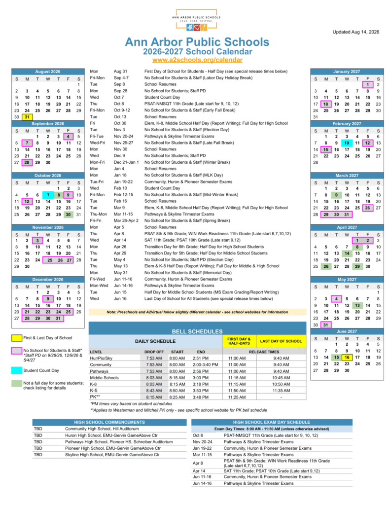 Ann Arbor Public Schools Calendar 2026-2027 | Printable PDF