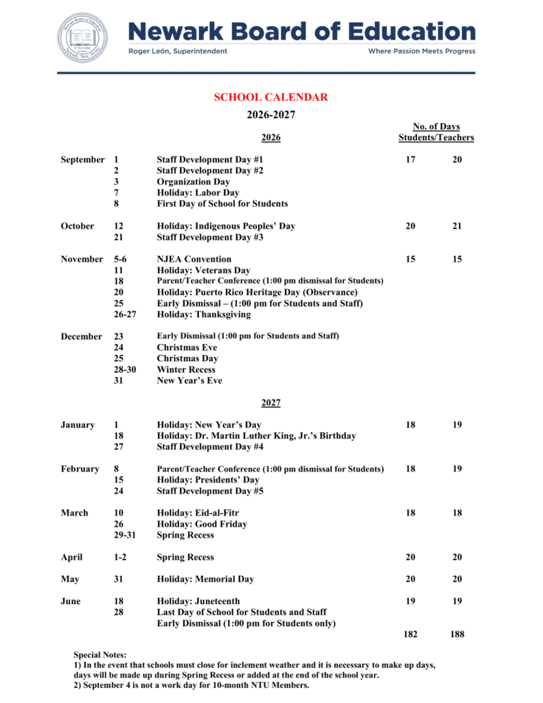 Newark Public Schools Calendar 2026-2027 | Printable PDF