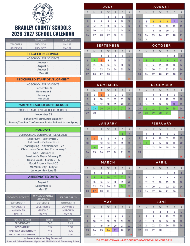 Bradley County Schools Calendar 2026-2027 | Printable PDF