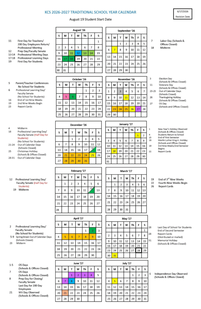 Kanawha County Schools Calendar 2026-2027 | Printable PDF