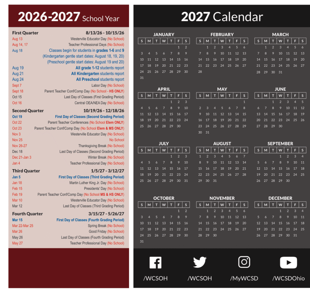Westerville City Schools Calendar 2026-2027 | Printable PDF