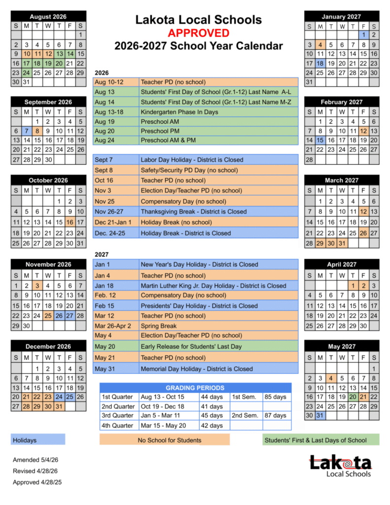 Lakota Local Schools Calendar 2026-2027 | Printable PDF