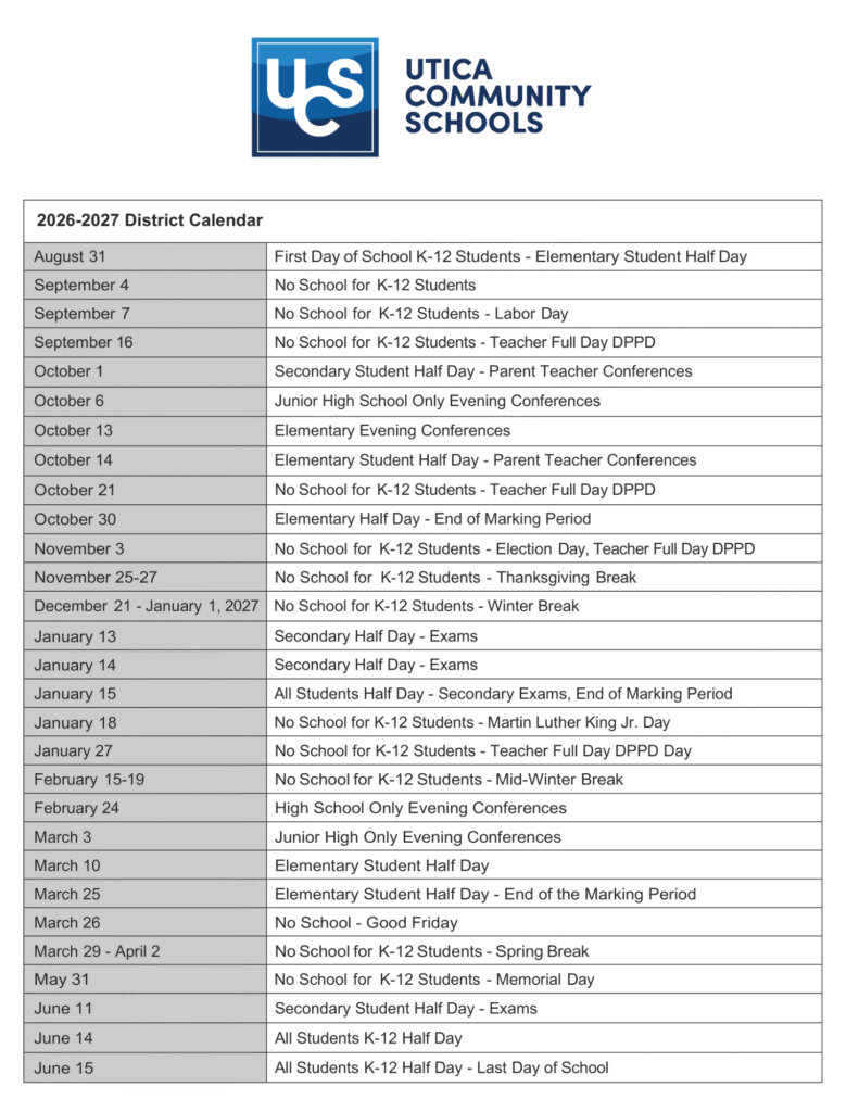 Utica Community Schools Calendar 2026-2027 | Printable PDF