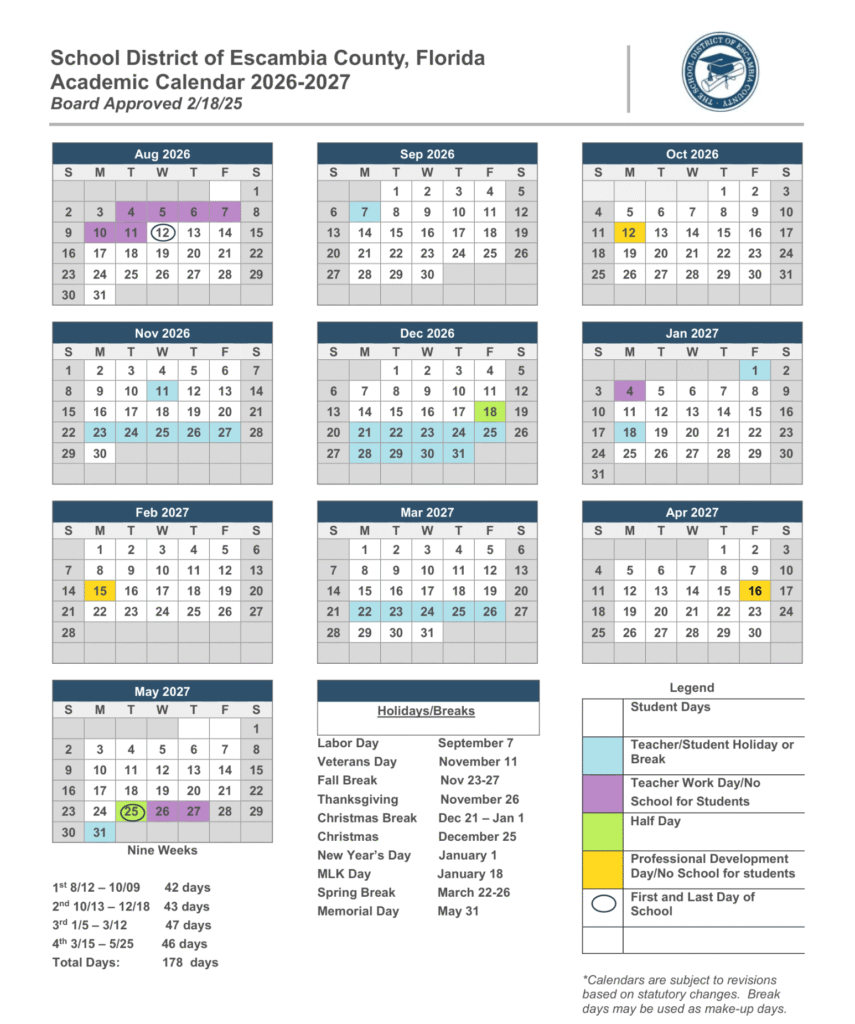Escambia County Schools Calendar 2026-2027 | Printable PDF