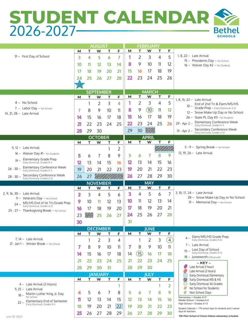 Bethel Schools Calendar 2026-2027 | Printable PDF