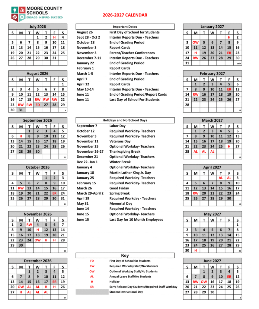 Moore County Schools Calendar 2026-2027 | Printable PDF