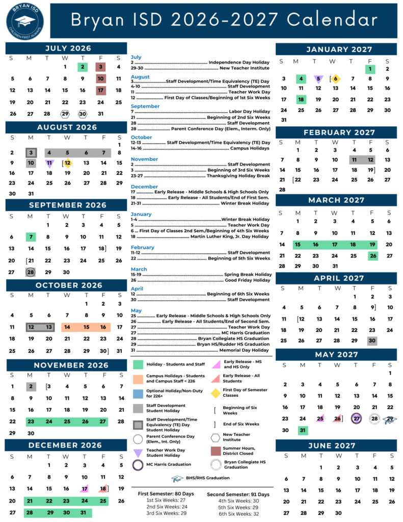 Bryan ISD Calendar 2026-2027 | Printable PDF