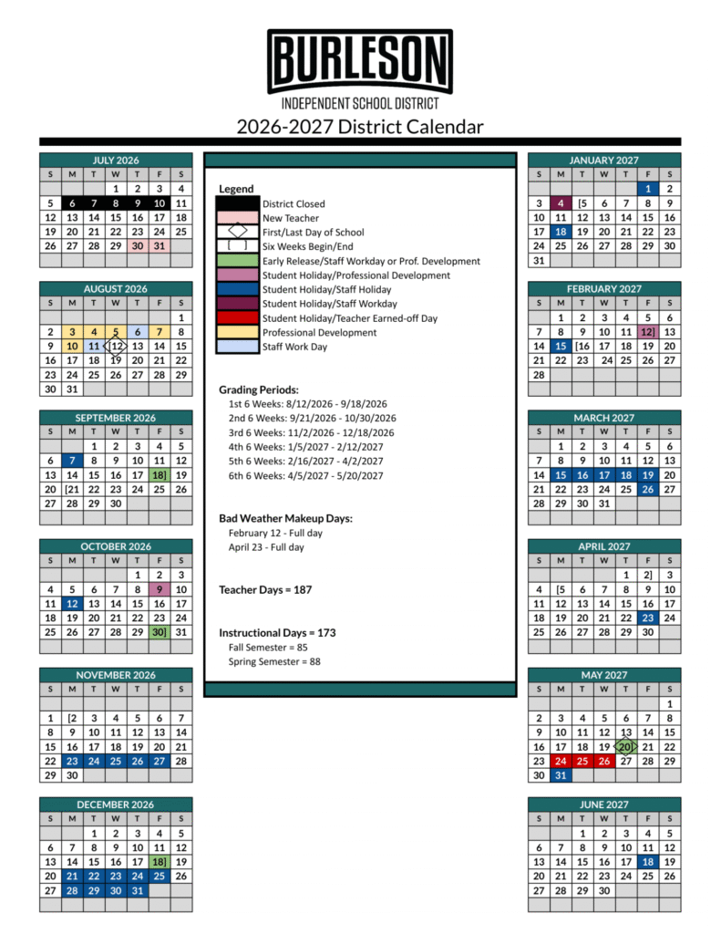 Burleson ISD Calendar 2026-2027 | Printable PDF