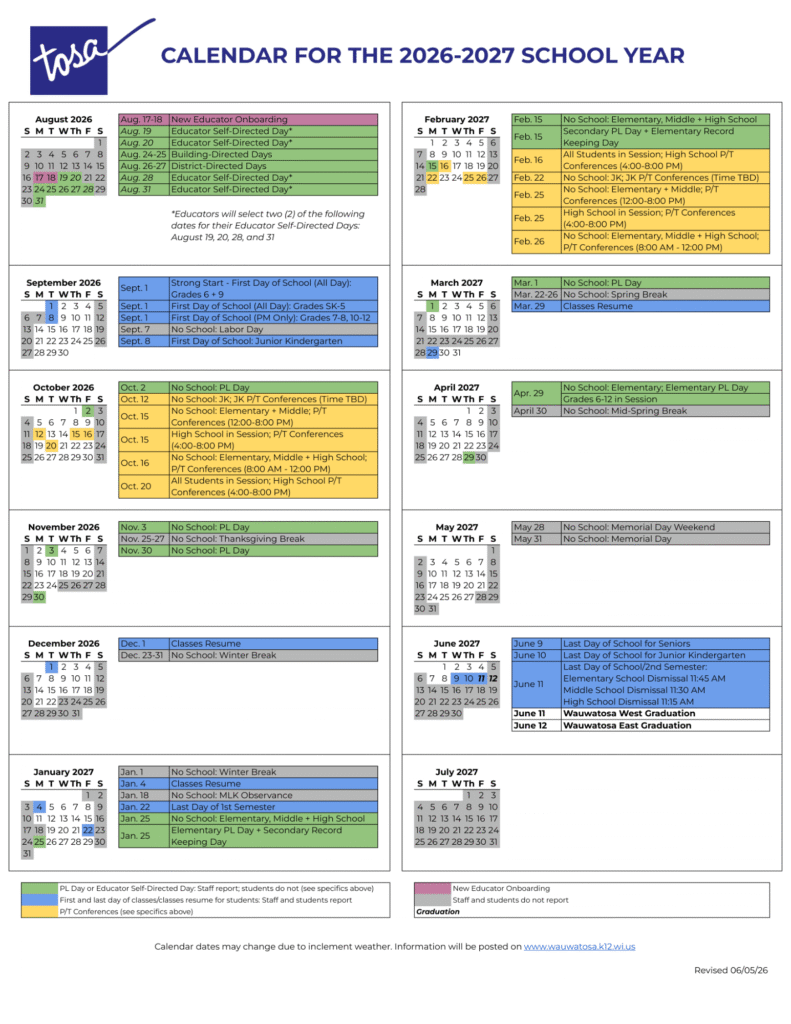 Wauwatosa School District Calendar 2026-2027 | Printable PDF