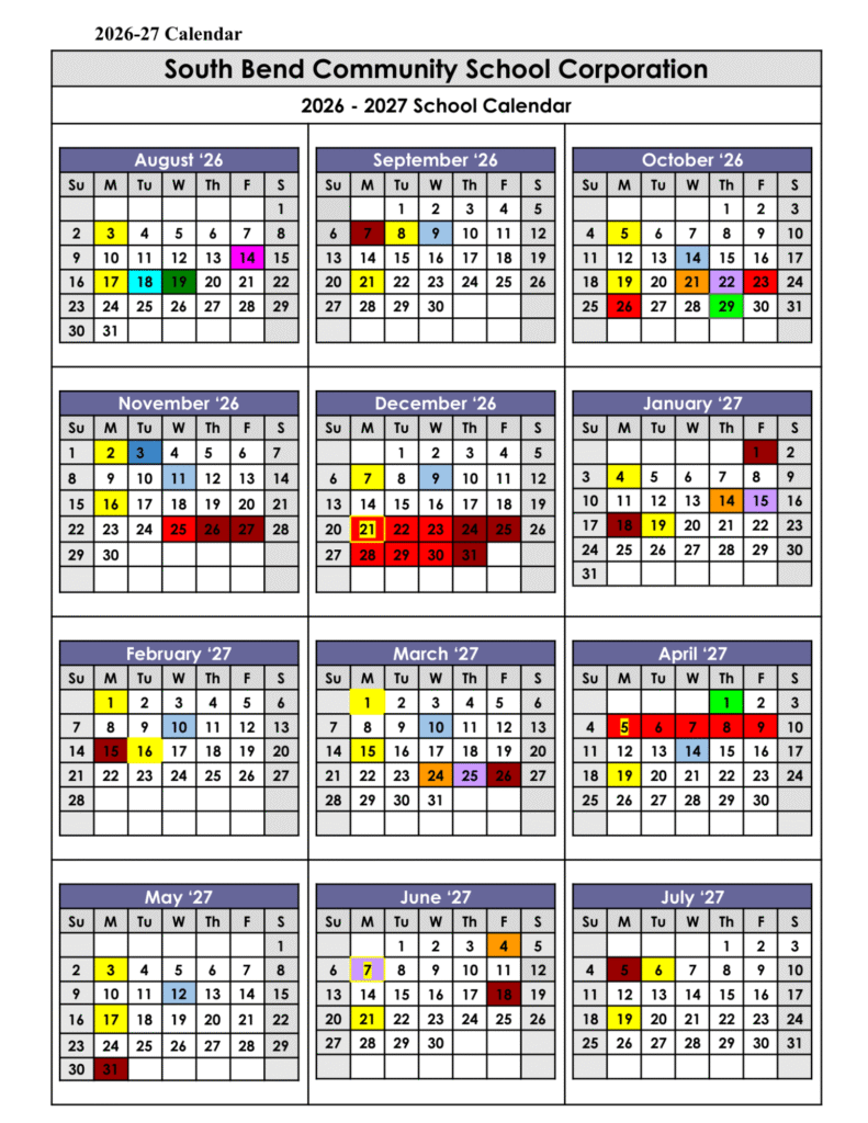 South Bend Schools Calendar 2026-2027 | Printable PDF