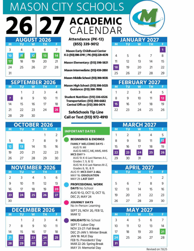Mason City Schools Calendar 2026-2027 | Printable PDF