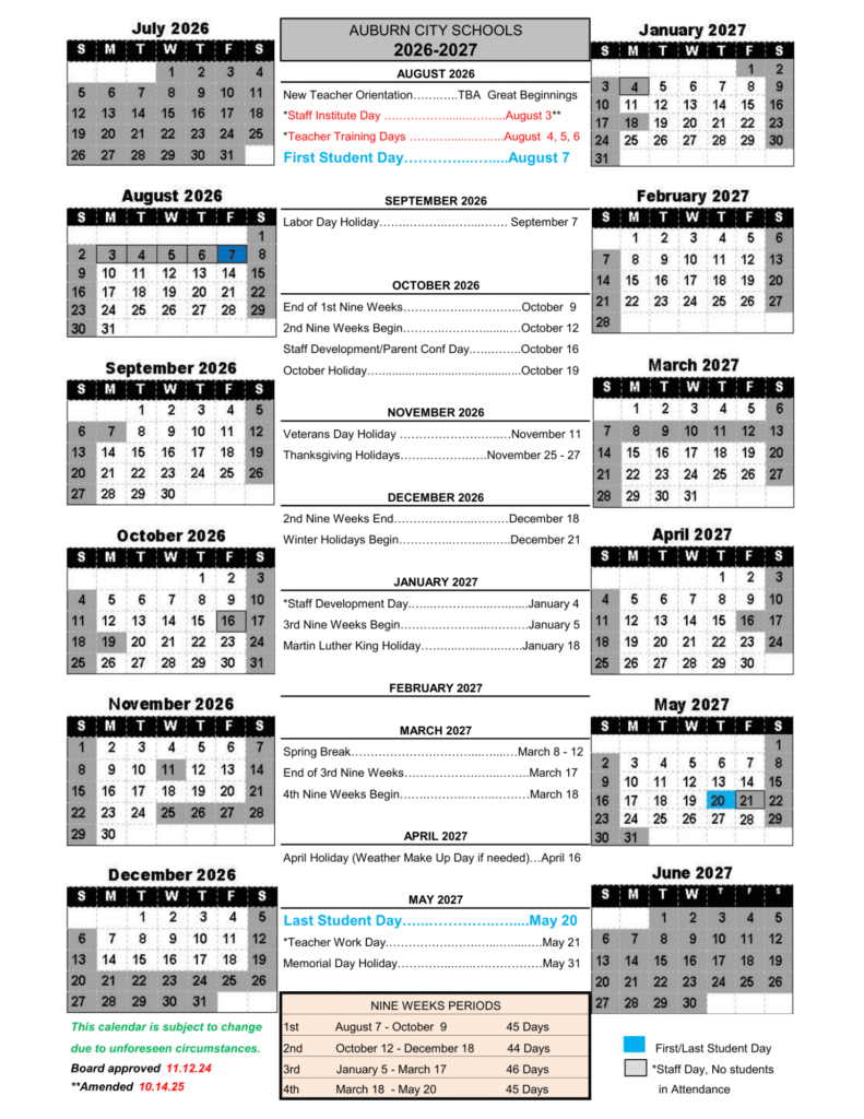 Auburn City Schools Calendar 2026-2027 | Printable PDF