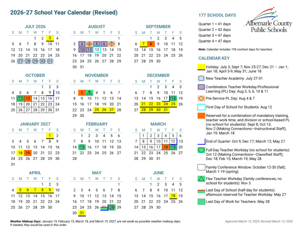 Albemarle County Schools Calendar 2026-2027 | Printable PDF