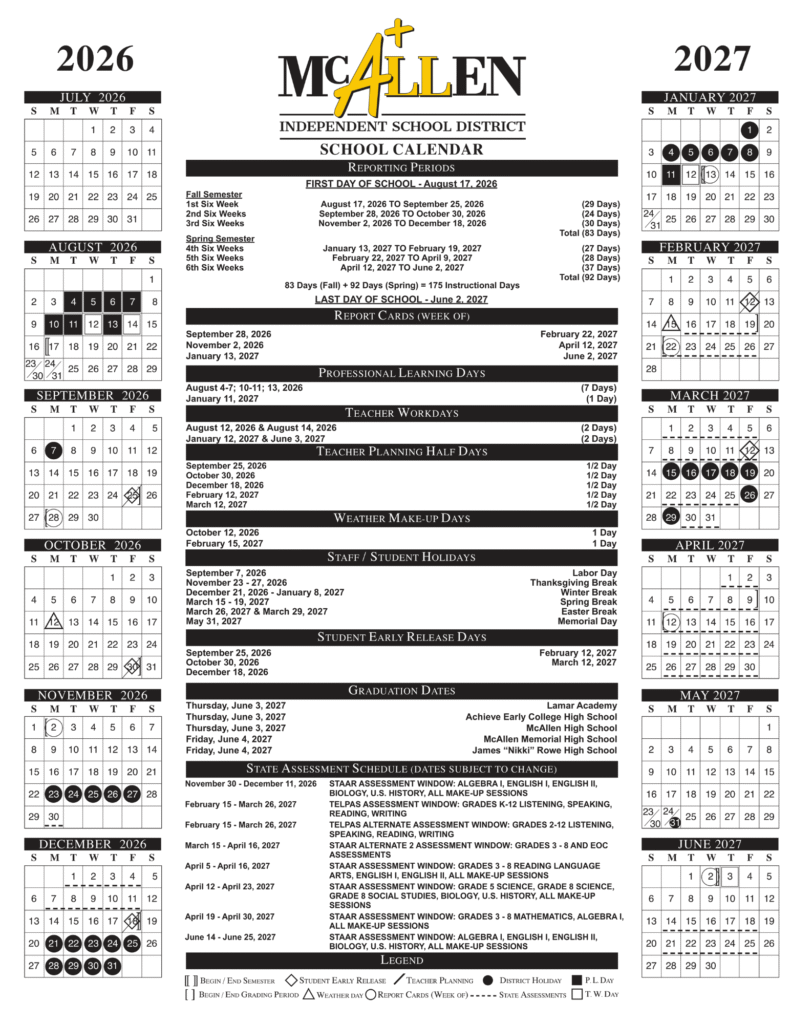 McAllen ISD Calendar 2026-2027 | Printable PDF
